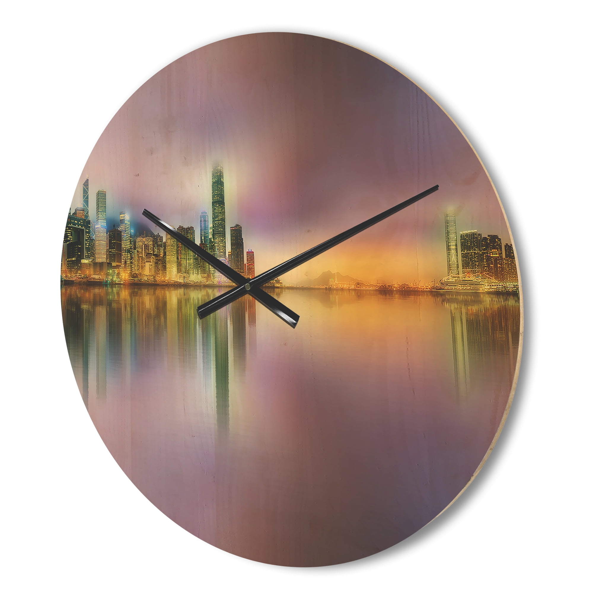 Designart 'Panorama Hong Kong at Twilight ' Industrial Wood Wall Clock