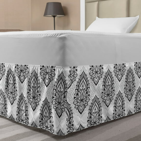 Ethnic Bed Skirt, Ethnic Oriental Style Depiction of Lotus Flower in Mandala Pattern, Elastic Bedskirt Dust Ruffle Wrap Around for Bedding Decor, 4 Sizes, White and Charcoal Grey, by Ambesonne