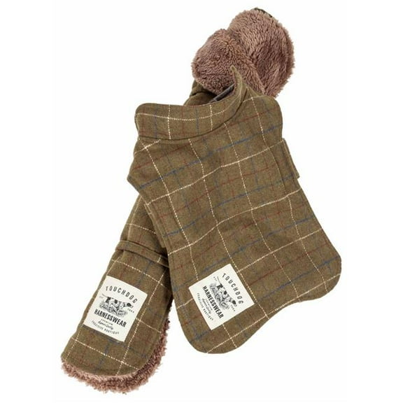 2 Piece 2-in-1 Windowpane Plaided Dog Jacket with Matching Reversible Dog Mat - Olive Green Plaid, Medium