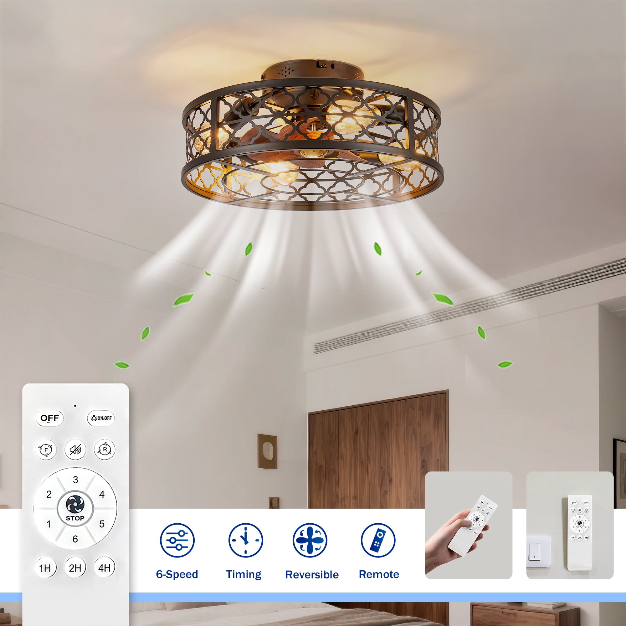 Leumius 20" Flower Style Iron Ceiling Fans with Lights and Remote, Farmhouse Flush Mount Ceiling Fan with 6 Speeds Reversible Motor for Living Room Bedroom Dining Room (NOT Included Bulbs)