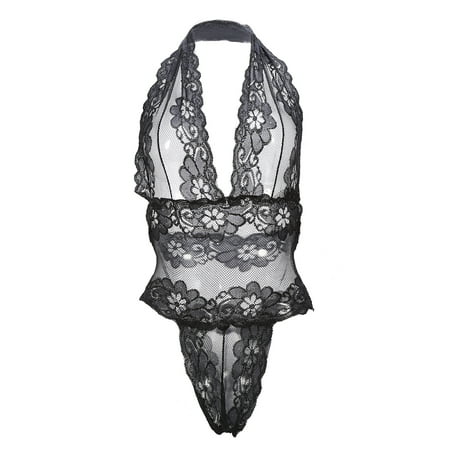 Ladies Sexy Low-Cut V-Neck Suits Teddy Lingerie Sleepwear Lace Perspective Nightwear Black