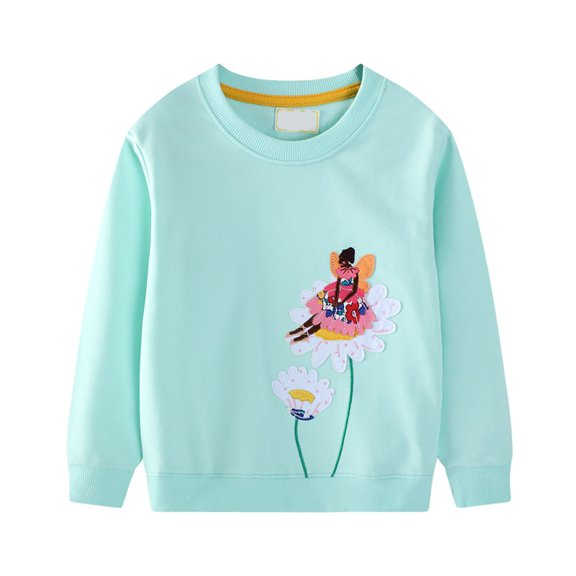 Toddler Sweatshirt Embroidered Sunflower Girl Print Long Sleeve Shirts Crewneck Cotton Pullover Girls Hoodies Sky Blue 6 Y-7 Y