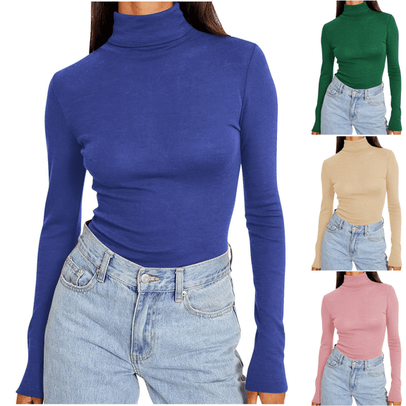 Yuanlook Women's Plus Size Turtleneck Long Sleeve Slim Fit Top, Stretchy Ribbed Wrinkle Lightweight Basic Layering Blouses S-5XL
