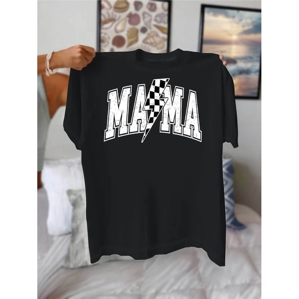 Women's "MAMA" Graphic Tee - Casual Crew Neck Short Sleeve T-Shirt with Lightning Bolt Design, Soft Cotton, All-Season Comfort, Casual Summer Top|Playful Print Top|Comfortable Fit, Ladies T Shirts