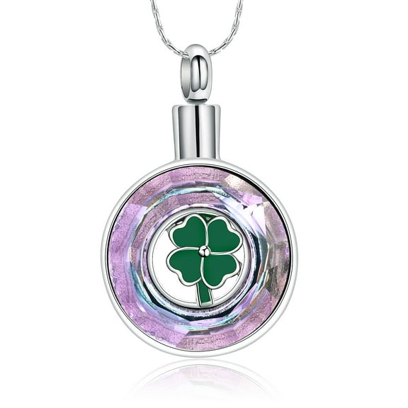Crystal Circle of Life Cremation Jewelry Memorial Urn Necklace for Ashes Lucky Four-Leaf Clover Stainless Steel Pendant for Women Men Gifts