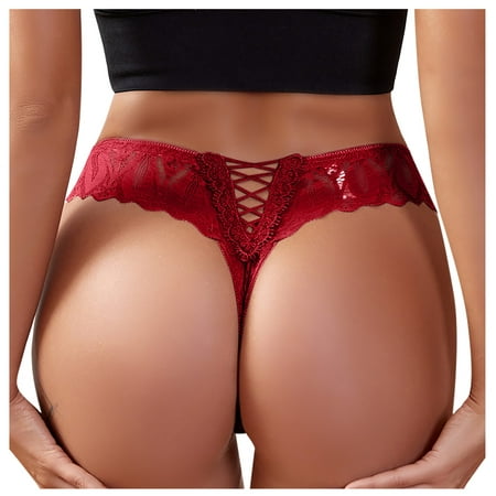 

BIZIZA Women s Briefs Sexy Lace Seamless Strappy Underwear Mid Rise Panty Red M