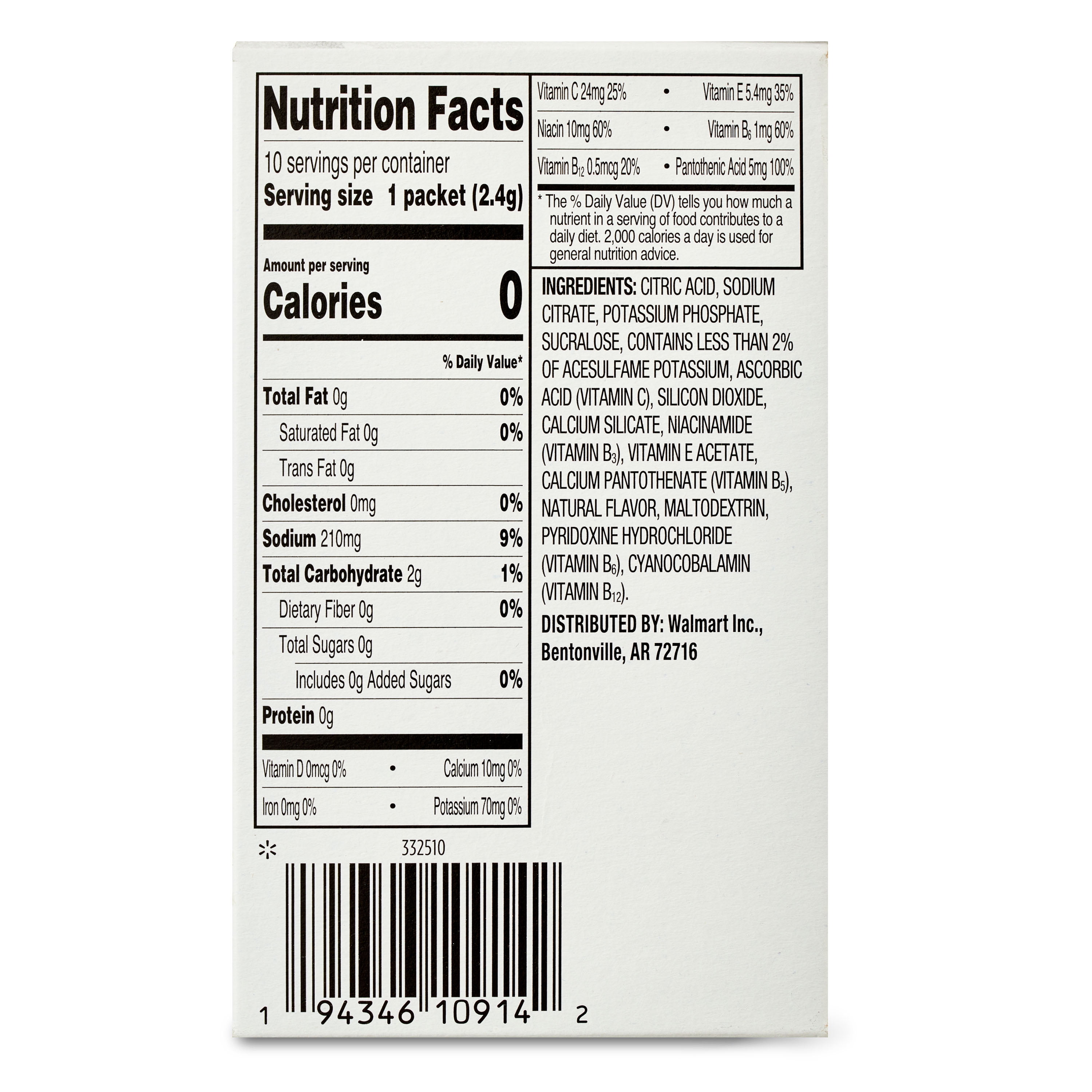Great Value Sugar Free Watermelon Electrolytes Powdered Drink Mix, 0.8 oz, 10 Packets 0.85 oz