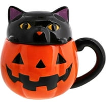 Servette Home Halloween Soup Mug with Lid (Orange Jack 'o Lantern Pumpkin & Black Cat)