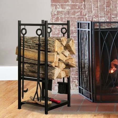 UniFlame Black Wrought Iron Log Holder with Fire Tools with Ring Handles