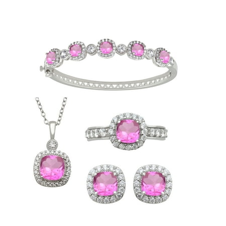 Pink Sapphire Set Bracelet (Cushion Cut Simulated Pink Sapphire and Round Clear CZ Ring, Pendant, Earrings and Bracelet Set in)