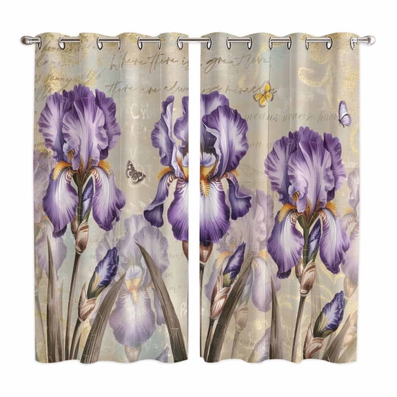 Curtains 63 Inch Length 2 Panels, Purple Iris Grommets Window Treatment Curtain, Spring Vintage Flowers Butterfly Leaves Khaki Thermal Curtains Drapes for Living Room/Bathroom