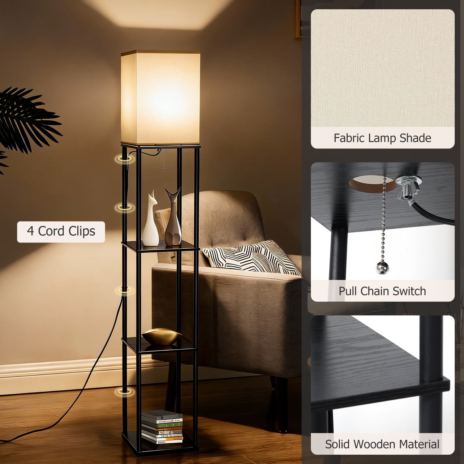 Coliware 63" Black Floor Lamp with Shelves, 3-Tier Wood Modern Standing Lamp with 3 Adjustable Color Temperature, Corner Display Bookshelf for Living Room Bedroom, LED
