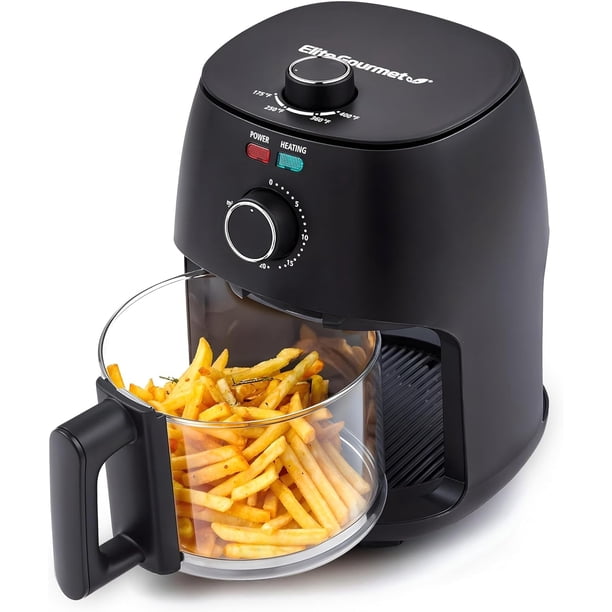 Elite Gourmet Freidora de Aire de Vidrio, Tamaño Compacto de 2.4 Qt para 1–2 Personas, Cesta de Cerámica y Vidrio sin PFAS, Cocción Visible, Temperatura Ajustable 175–400°F, 1150W, Negro