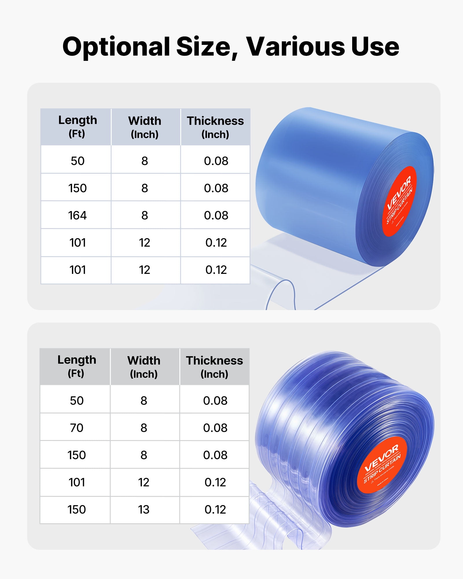 VEVOR Clear PVC Strip Curtain, 50 ft Length x 8 in Width, Ribbed Plastic Door Strip Bulk Roll, Walk in Freezer Cooler Curtain Strips for Doorways of Supermarket, Garage, Warehouse, Pet Animal House