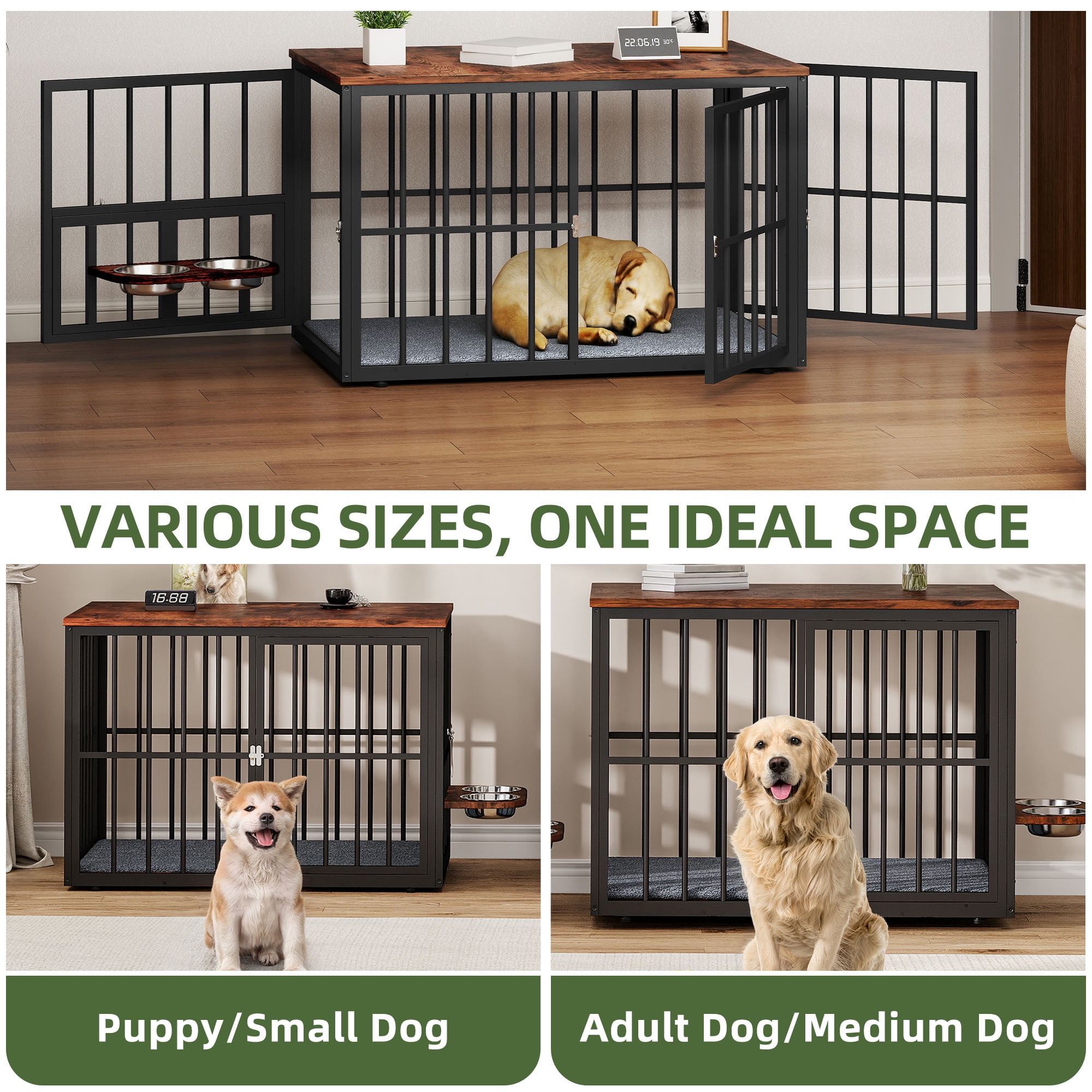 Uforic 44.3" Large Wooden Dog Crate Furniture with 3 Doors & 2 Rotatable Bowls for Medium Large Dogs, Brown
