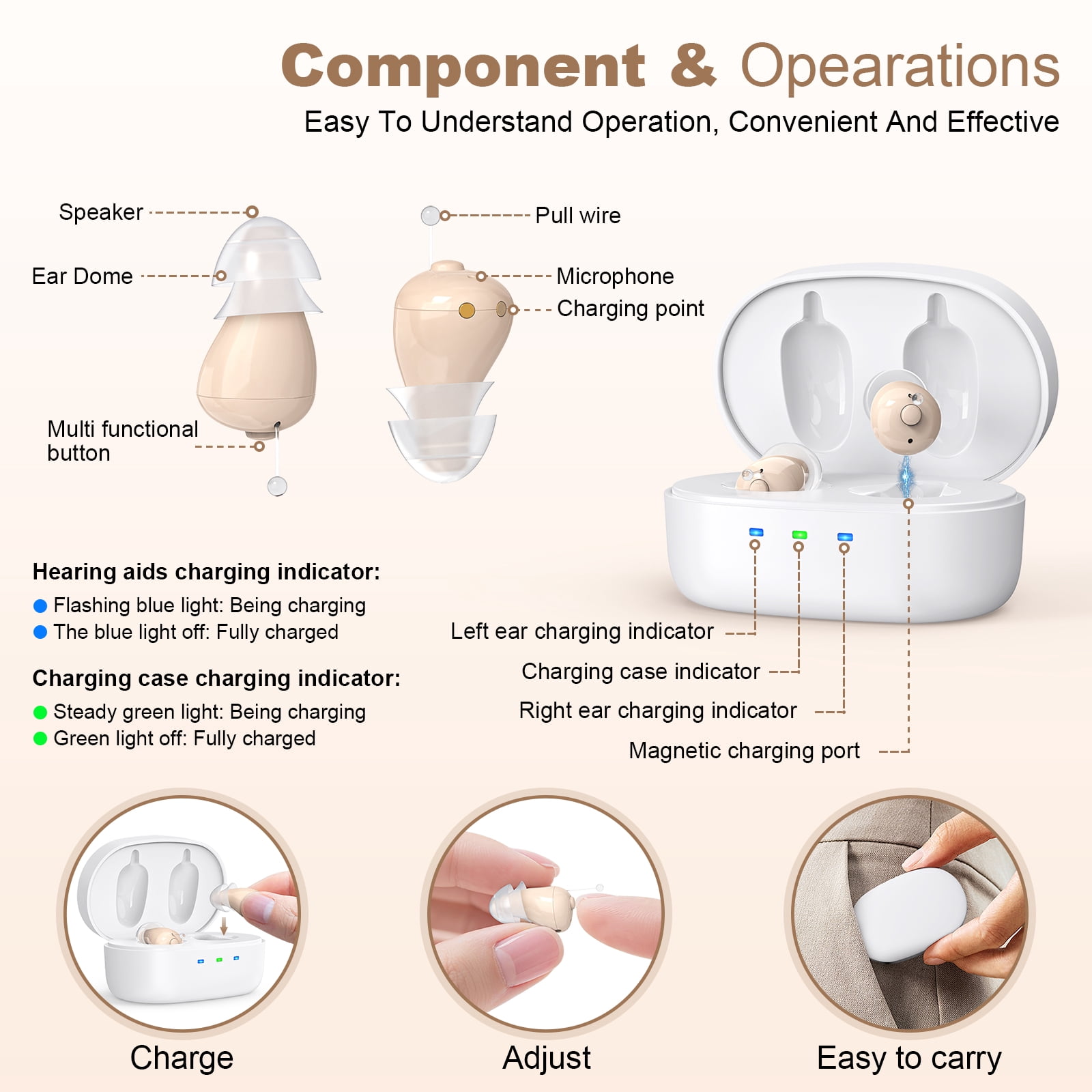 SUWU In-the-Ear Hearing Aids for Seniors, Digital 16 Channels Rechargeable Hearing Amplifier,Brown