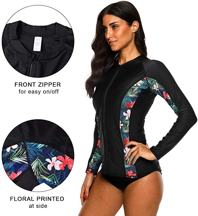 Womens Long Sleeve Half-Zip Sun Protection Rashguard Side Adjustable Swim Shirts Tops