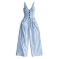 thumbnail image 5 of Boho Button Front Wide Leg Jumpsuit for Women - Sleeveless V-Neck Overall with Pockets, Flowy Casual Linen-Look Summer Romper Light Blue XXL, 5 of 6