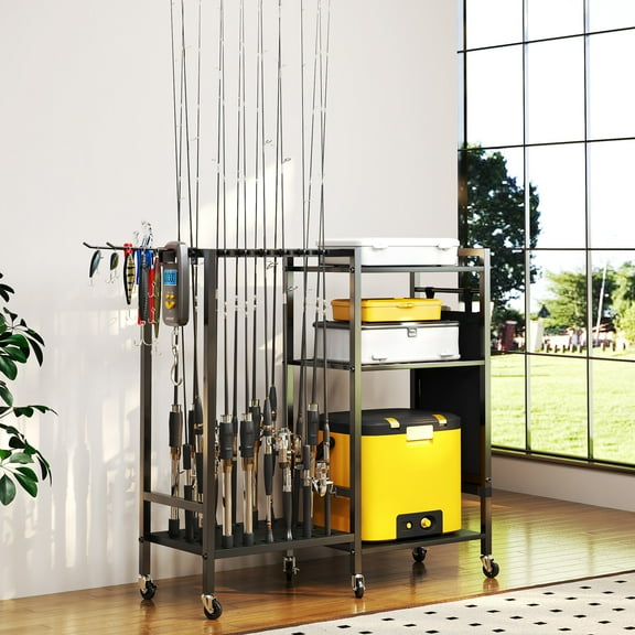 TC-HOMENY Multifunctional Fishing Rod Stand, Fishing Rod Holder Cart for 16 Pcs Fishing Poles w/ 3-Layer Storage Space, Convenient for Total 210 lbs Load-bearing Fishing Pole, Rack