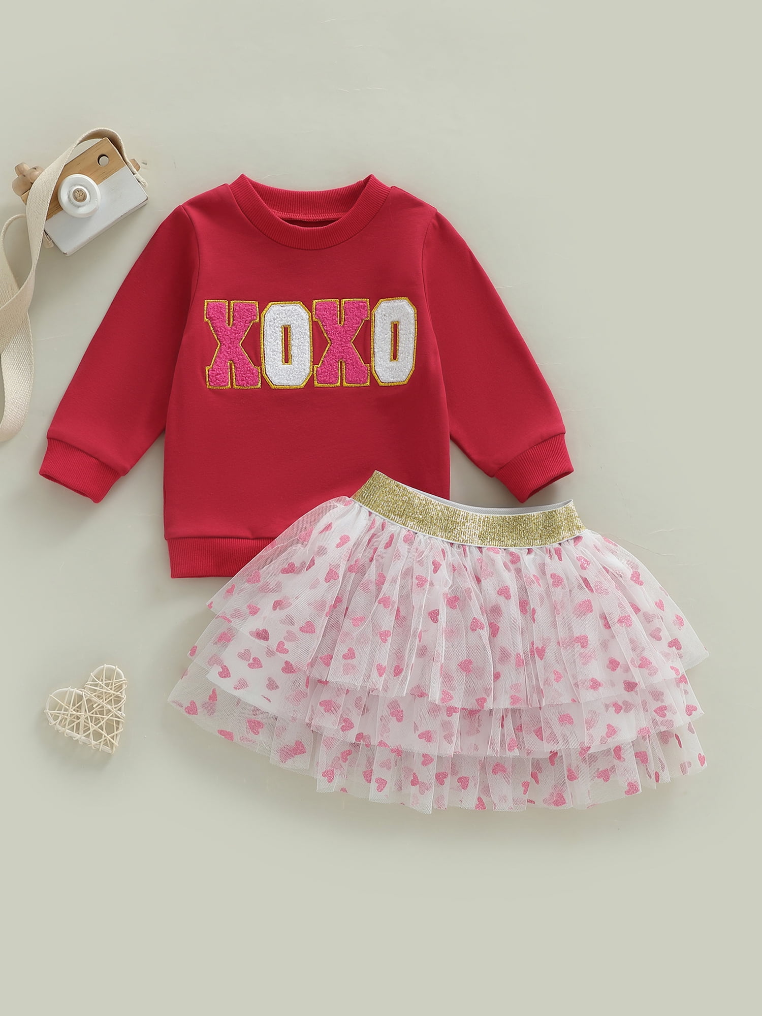 Jxzom Toddler Baby Girl Valentines Outfit XOXO Letter Embroidery Long Sleeve Sweatshirt Tops and Tulle Tutu Skirts Set 1-6 Years Cute Valentines Clothes