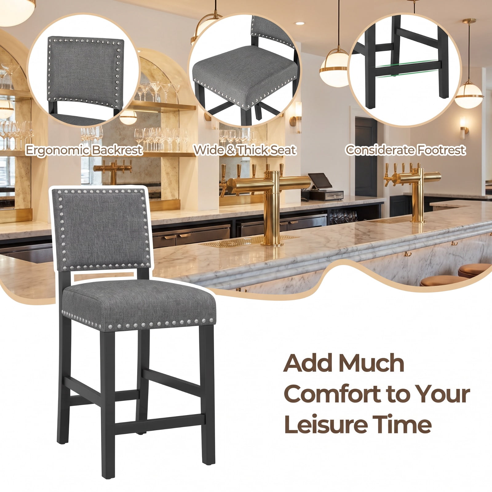 Furnibear 38.5/43.5 Inch Set of 2 Counter Height Chairs with Solid Rubber Wood Frame-S for Kitchen Dining Room Living Room Home, Gray