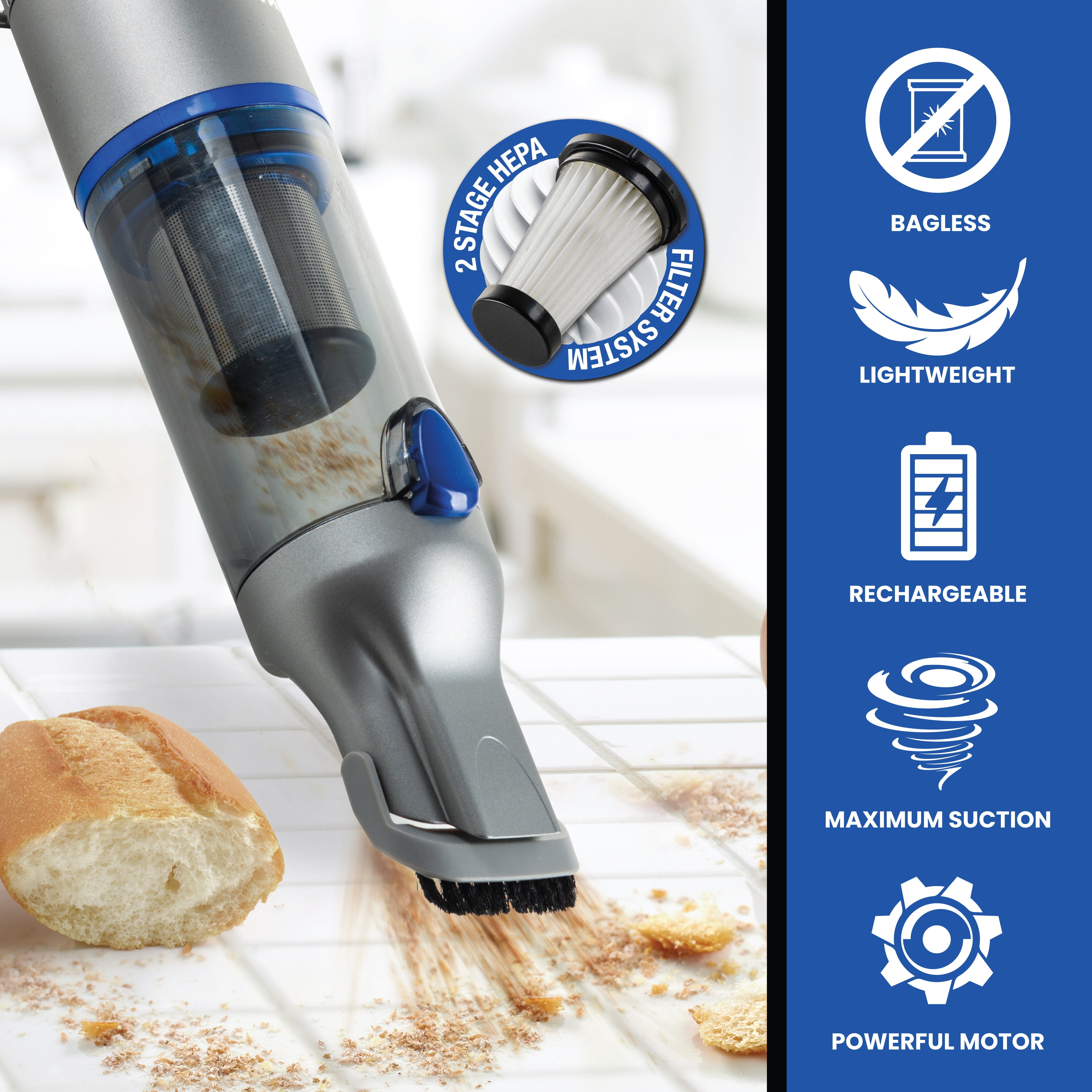 Ruvio Pro Handheld Vacuum Cordless for Home and Car, Lightweight Portable Hand Held Vacuums Cordless Works on Pet Hair, Floor, Hard Wood, 2X HEPA Filtration, Crevice Nozzle Included