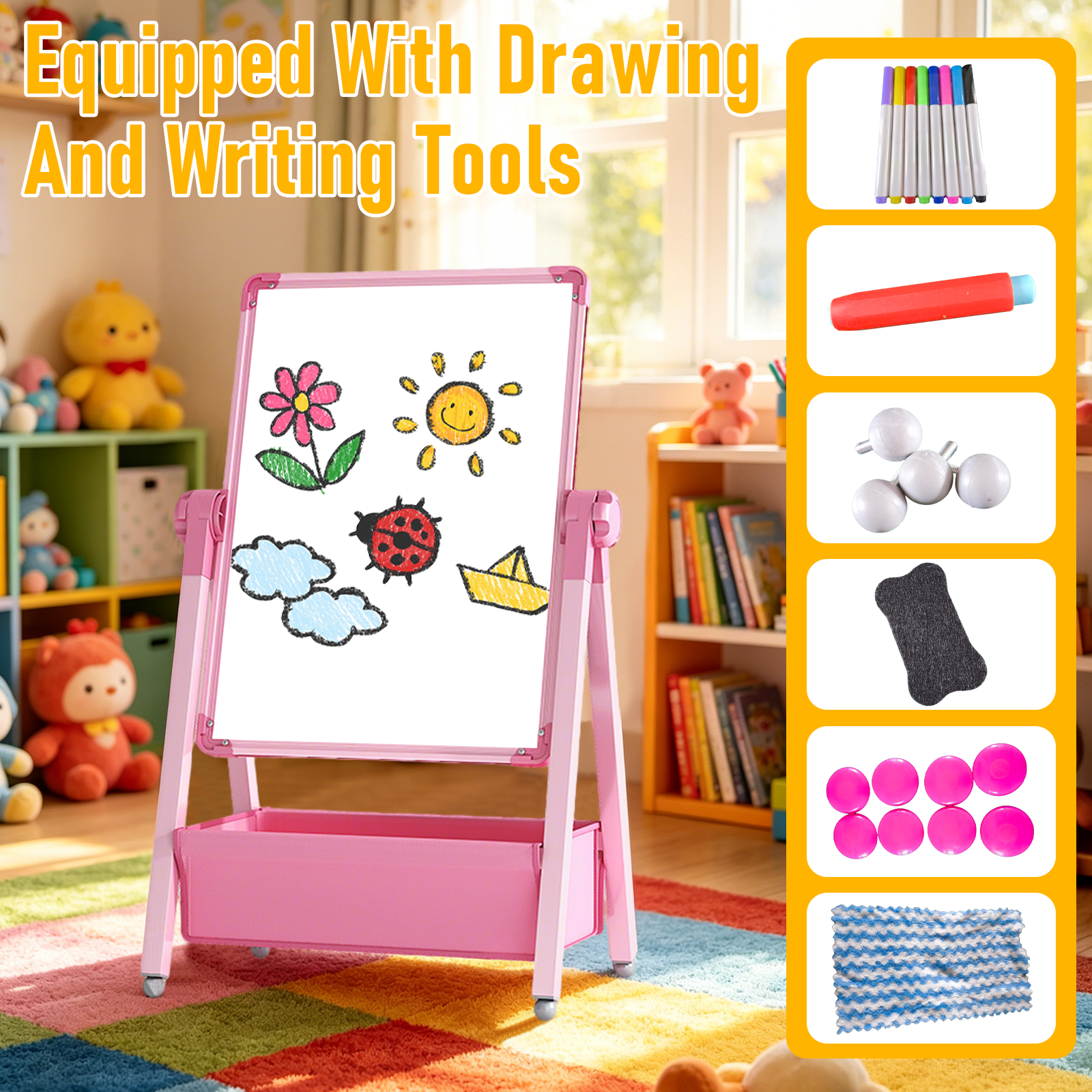 Art Easel for Kids, Double Sided Magnetic Kids Easel, Adjustable 360°Rotating Whiteboard & Chalkboard for Boys and Girls, Pink