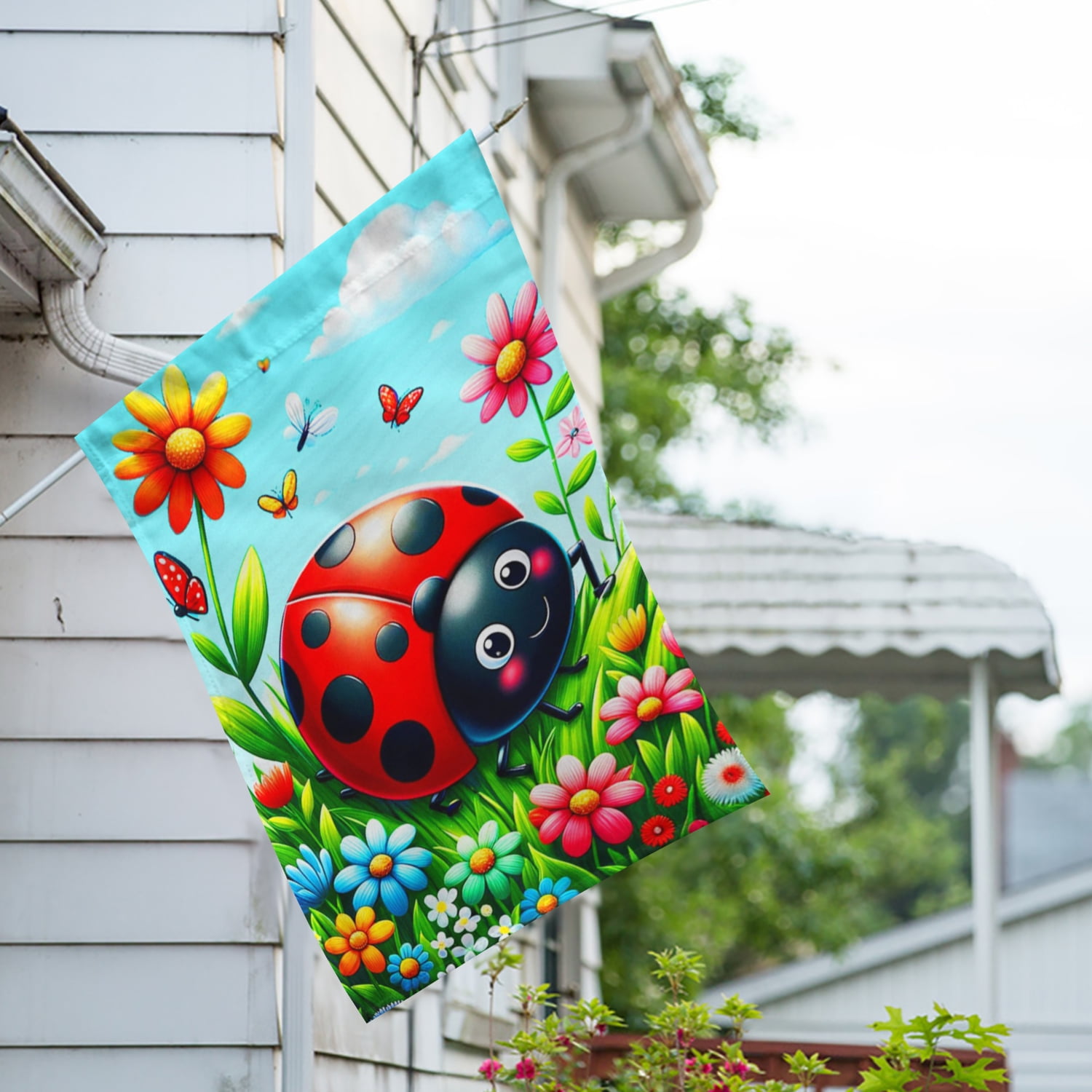 America Forever Ladybug Butterfly House Flag 28 x 40 inch Double Sided Cute Ladybug Wildflower Butterfly Spring Summer Seasonal Outdoor Yard Decorative Flag