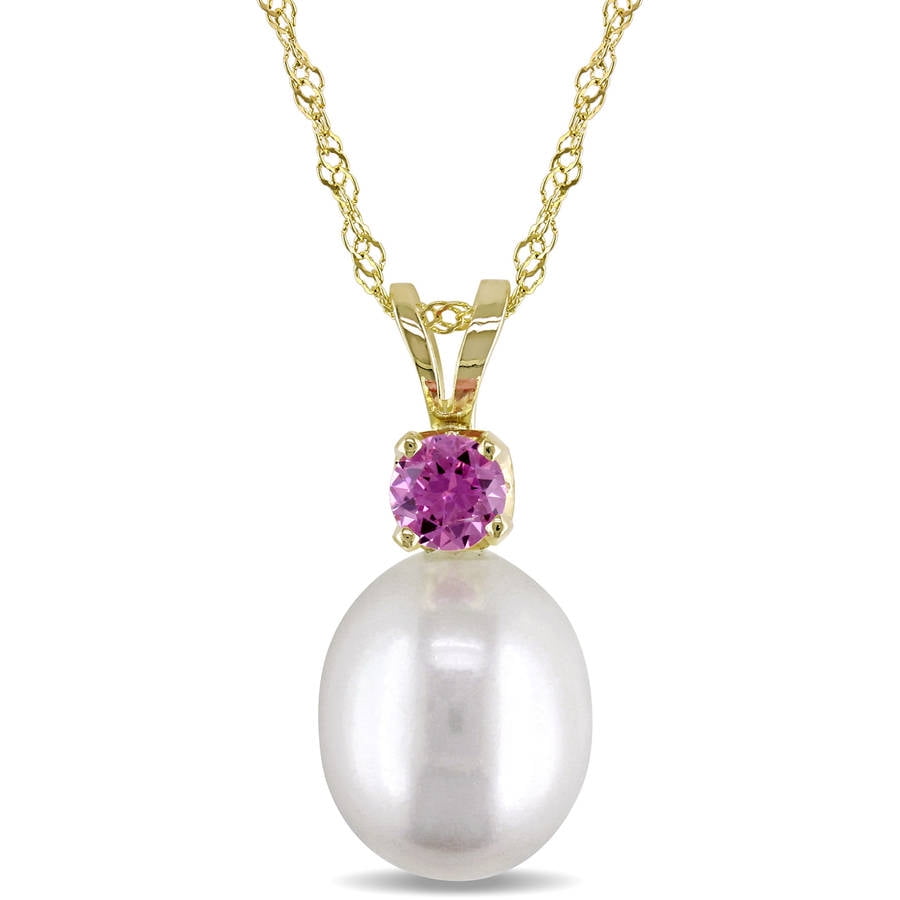 Tangelo 8-8.5mm White Cultured Freshwater Pearl and 1 3 Carat T.G.W. Pink Sapphire 14kt Yellow Gold Fashion Pendant,... by Tangelo