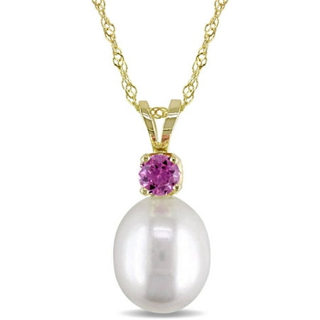 Tangelo 8-8.5mm White Cultured Freshwater Pearl and 1/3 Carat T.G.W. Pink Sapphire 14kt Yellow Gold Fashion Pendant, 17