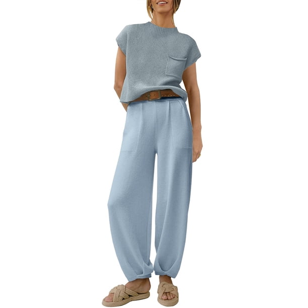 Lucakuins - Conjunto de pantalones para mujer, camiseta de manga corta con cuello redondo y pantalones largos, atuendo de verano Lucakuins moda