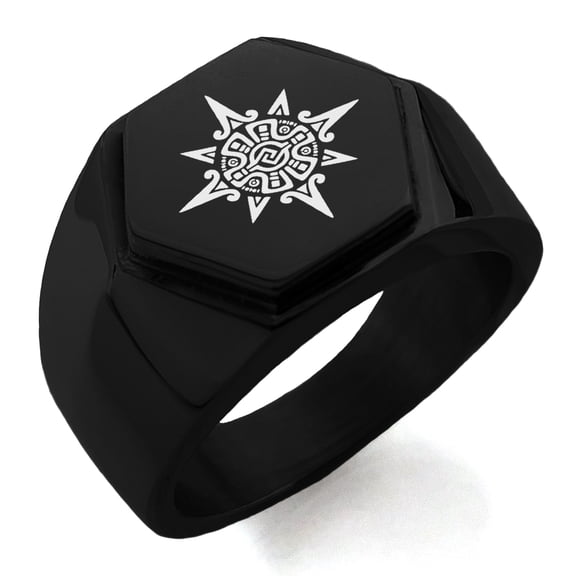Stainless Steel Mayan Sun God Rune Engraved Hexagon Crest Flat Top Biker Style Polished Ring