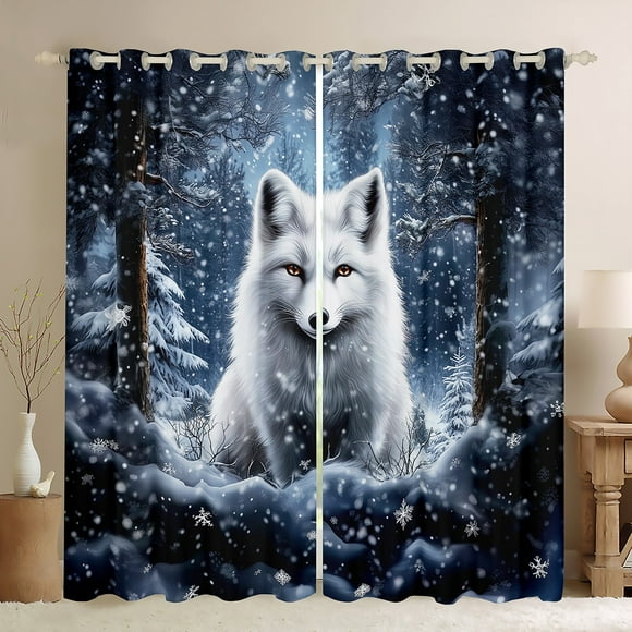 Erosebridal Snow Fox Window Curtains 38"Wx45"L For Kids Boys Girls,Woodland Animal Blackout Curtains Winter White Wildlife Curtains & Drapes Snowflakes Pine Trees Window Treatments 2 Panels
