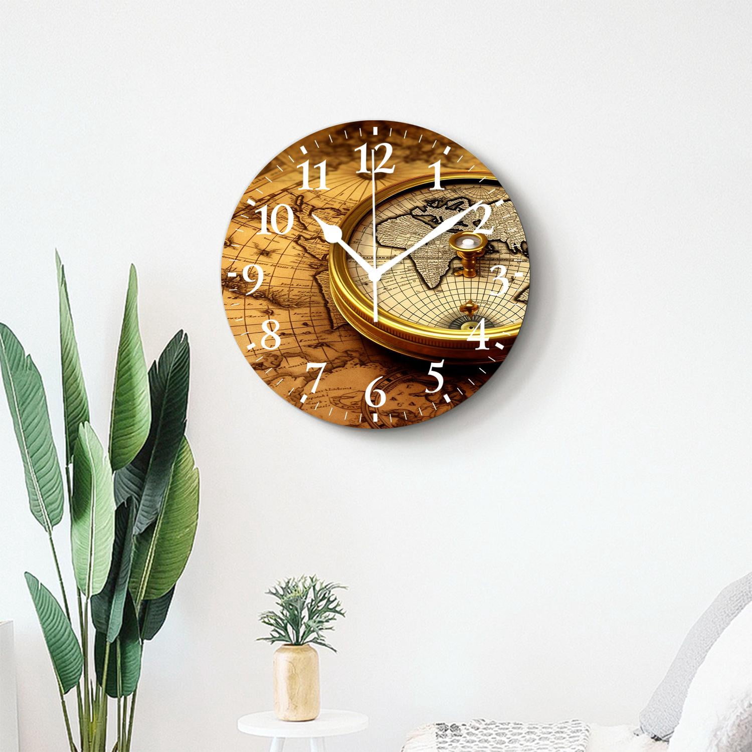 12 Inch Wall Clock Battery Operated Silent Clock Decorative for Office, Kitchen, Outdoor, Living Room，Accurate Map Graceful Art