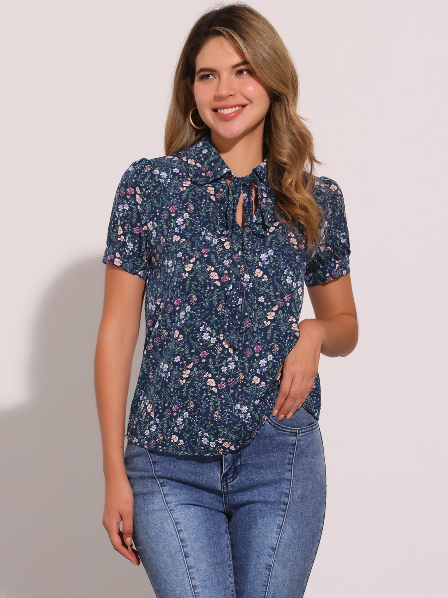 DARING DIVA Tie Bow Peter Pan Collar Chiffon Blouses XS Dark Blue-Floral