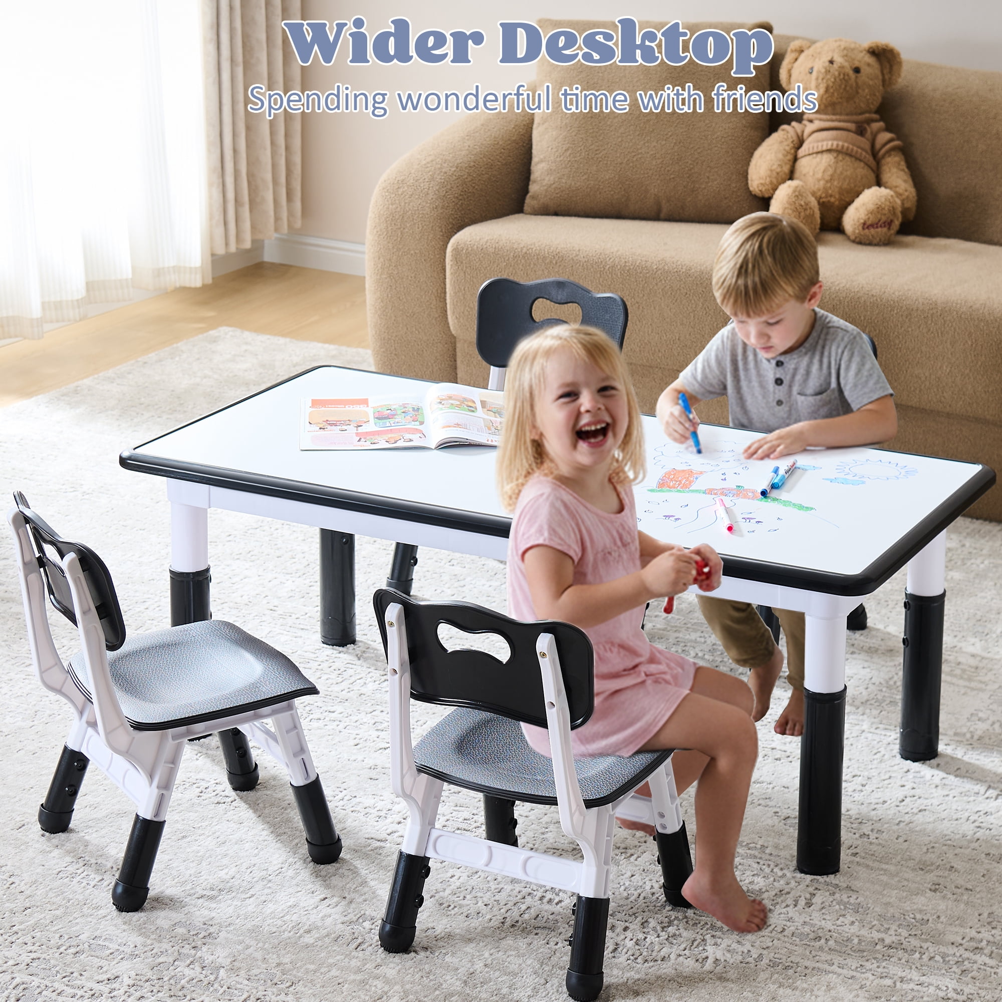 Kids Table and 4 Chairs Set, Height Adjustable Toddler Table and Chair Set, Toddler Desk with Graffiti Desktop & Non-Slip Legs, Children Activity Table for Daycare, Classroom
