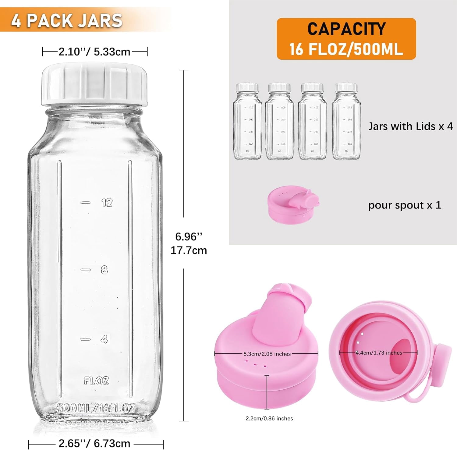 4-pack of 16 oz square glass baby bottles with silicone dispensing caps; glass juice bottles with screw caps; reusable with graduated markings; breast milk storage containers.