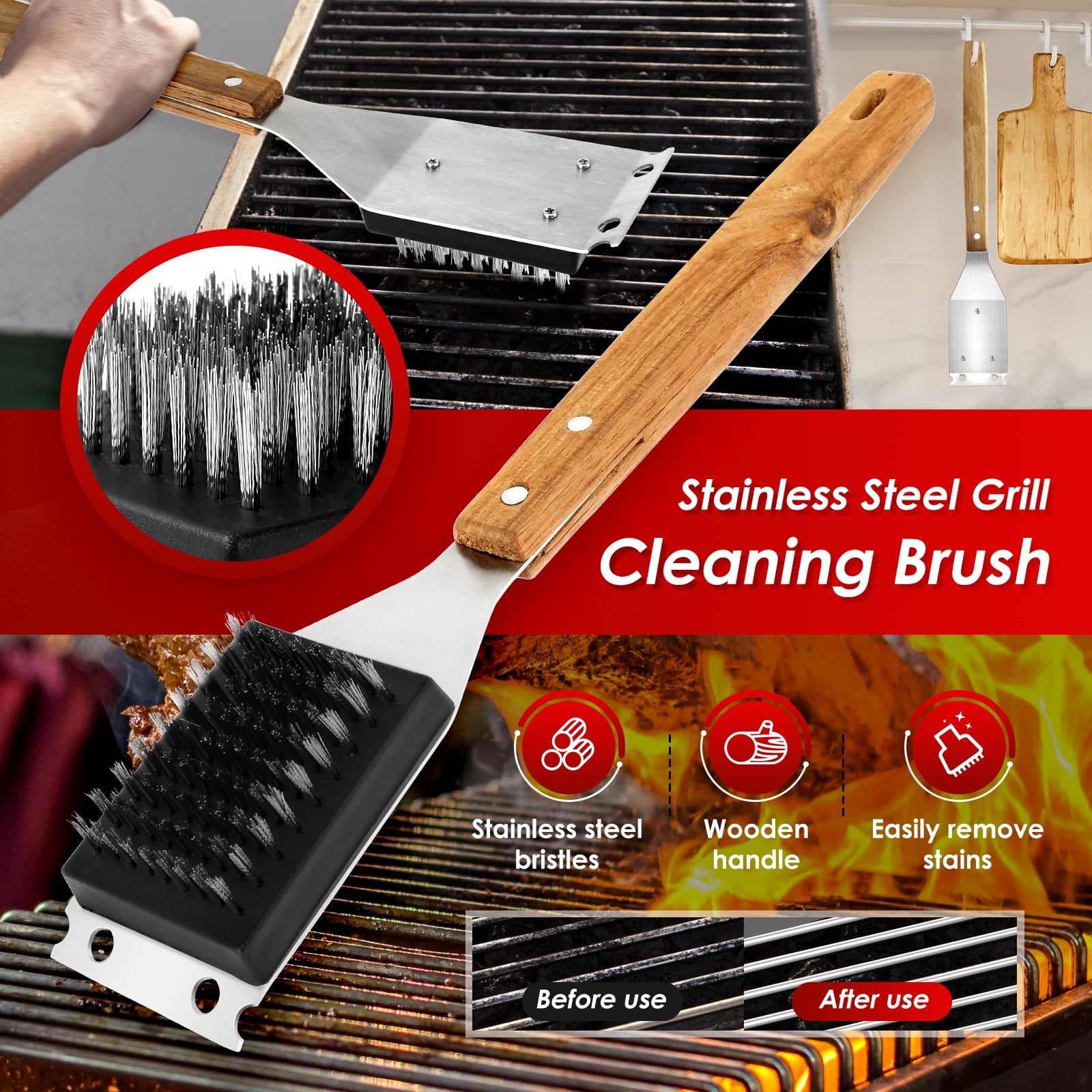 Grill Brush And Scraper 2 Pcs 15 Inch Stainless Steel Bristles Wood Handle BBQ Cleaner (asshown )