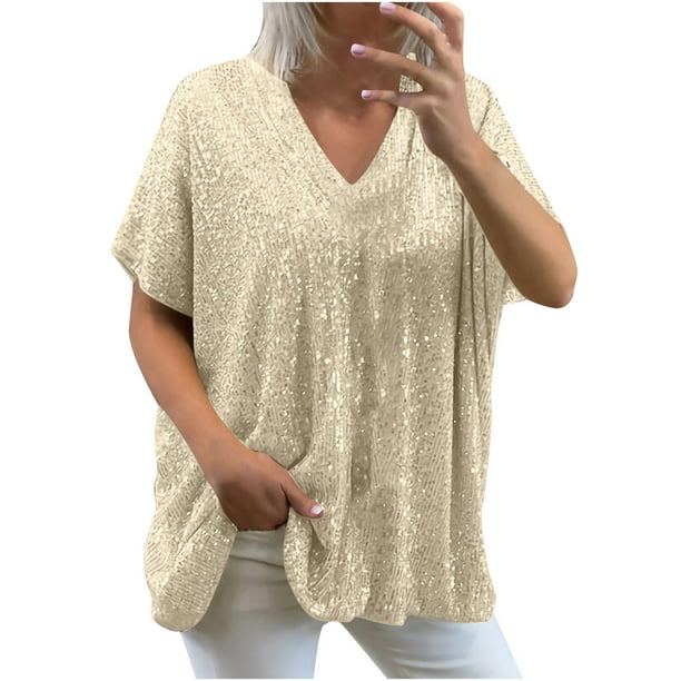 Bowake Sequin Tops for Women Deep V Neck Short Sleeve Sparkly