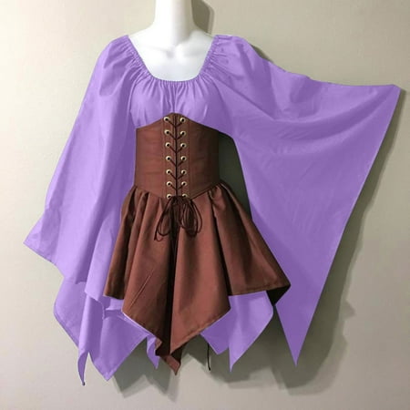 Summer Savings Clearance MIANHT Dresses for Women  Plus Size Dresses  Women Costumes Gothic Retro Long Sleeve Corset Dresses Long Sleeve Round-Neck Mid-Calf Dress