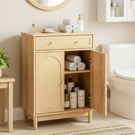 Ktaxon Bathroom Floor Cabinet, Freestanding Storage Cupboard w/ Drawer and 2 Doors, Rattan