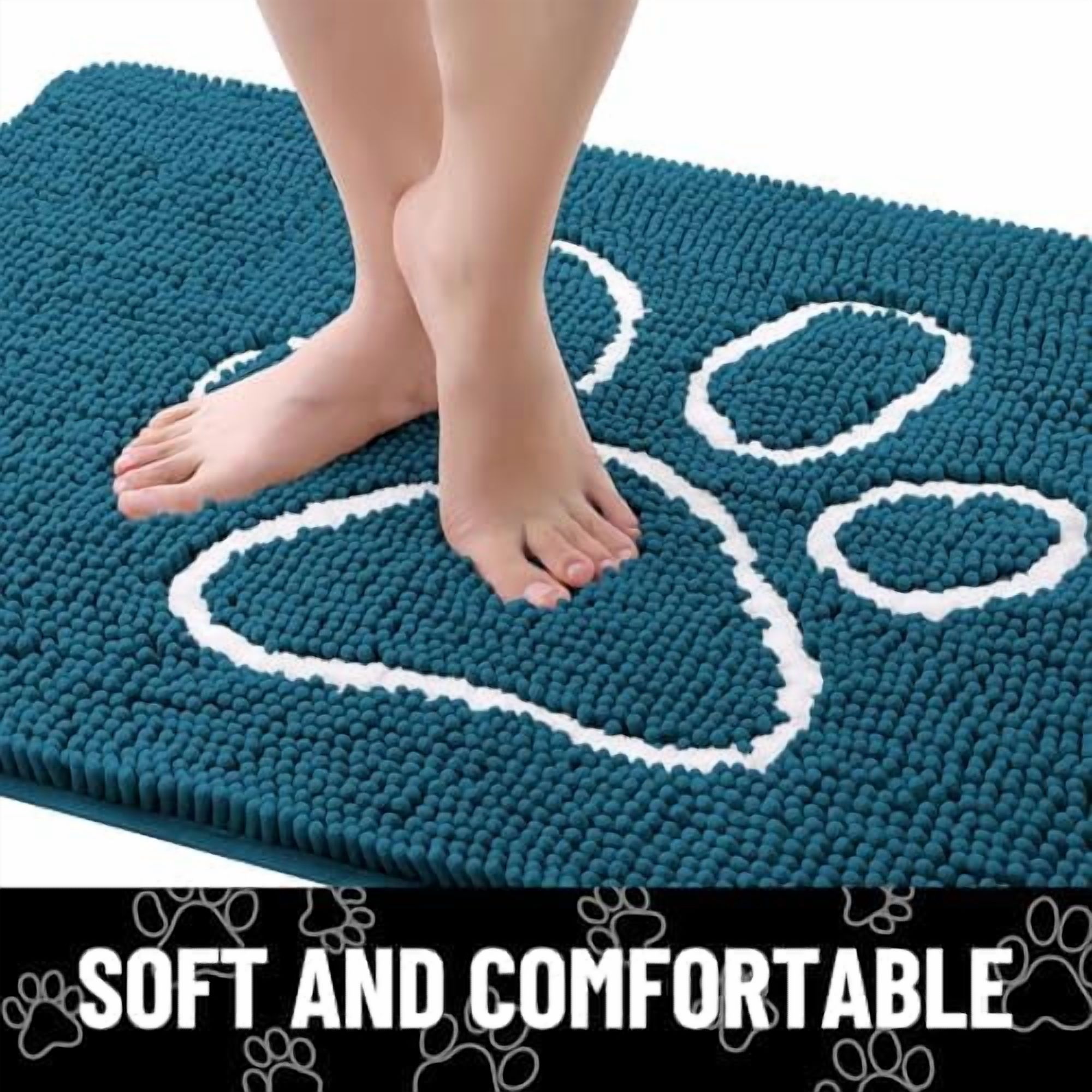 Dog Door Mat for Muddy Paws, Absorbent Dirt Trapper Non Slip Quick Dry Washable Chenille Mat for Mud Dogs, Entry Rug for Indoor and Outdoor (24x16 Inches, Atlantic Blue and White)