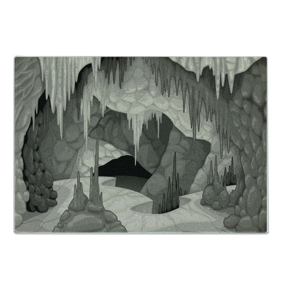 Cave Cutting Board, Inside the Cavern with Stalagmites Speleology Theme Cartoon Style Grotto in Greyscale, Decorative Tempered Glass Cutting and Serving Board, Small Size, Pearl Grey, by Ambesonne