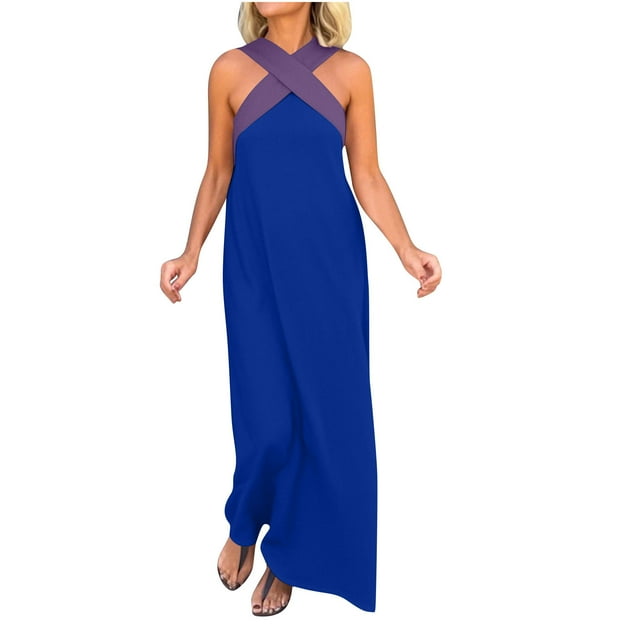 Robes à Encolure Croisée pour Femmes Sans Manches à Blocs de Couleur Robes Maxi Amples Décontractées de Vacances Longue Robe Bleu, 2TG