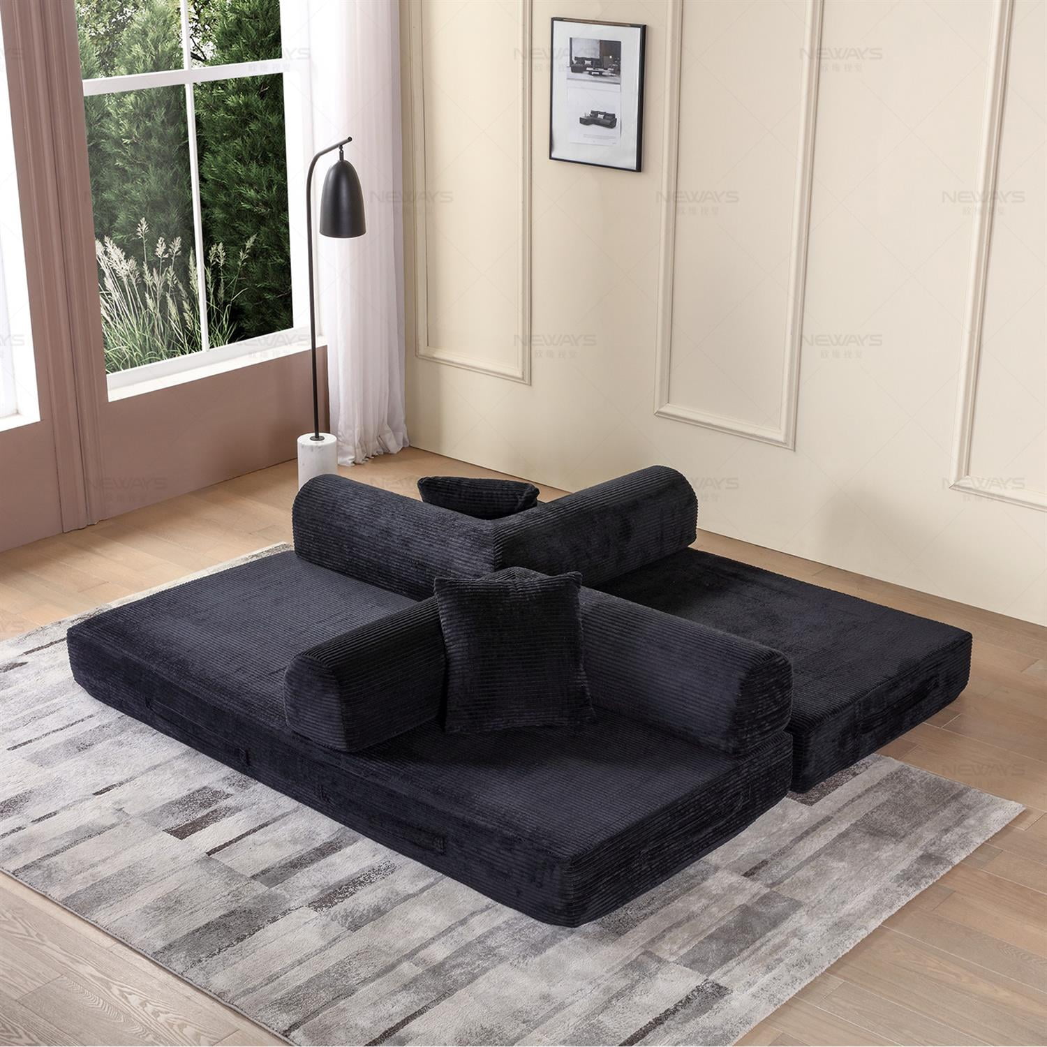 Demi Bonn 77" Convertible Sleeper Sofa Bed, Corduroy Foldable Mattress Couch with Cylindrical Pillow & Fixed Frame for Living Room, Bedroom, Black