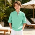 thumbnail image 2 of Toddler Boy Shirts Boys Henley Loose Fit Short Sleeve Shirt Solid Mandarin Collar Lightweight Casual Top Kids Mint Green 10 Years-11 Years, 2 of 5