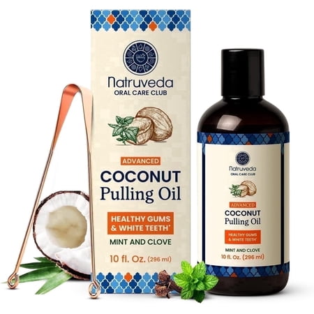 Natruveda Extra Virgin Coconut Oil Pulling Mouthwash for Teeth, Fresh Breath and Daily Oral Care, Mint, Alcohol Free, 10oz (Pack of 1)