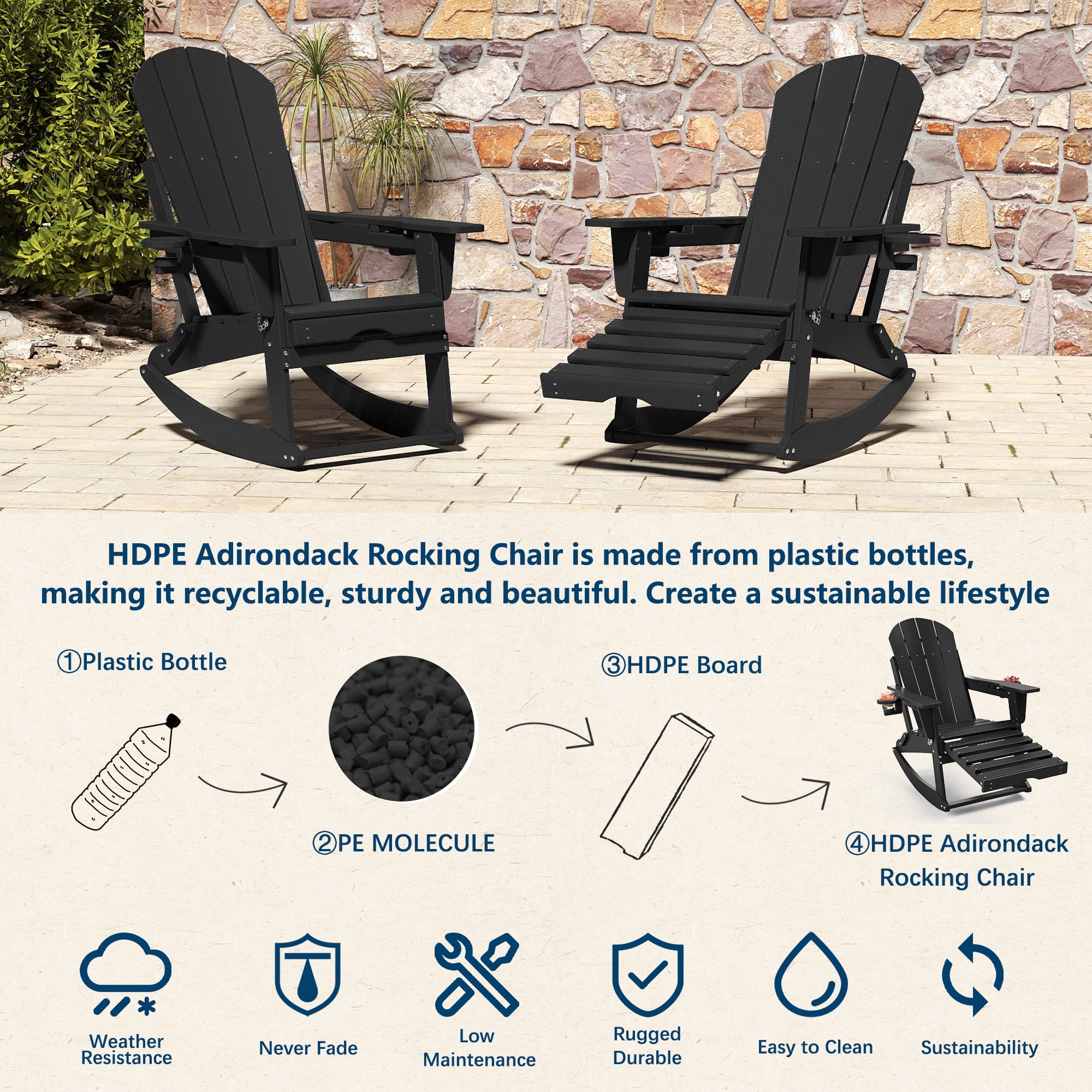 FOOWIN HDPE Plastic Rocking Adirondack Chair, Folding Rocking Chairs for Patio Porch Rocker Chair, Black