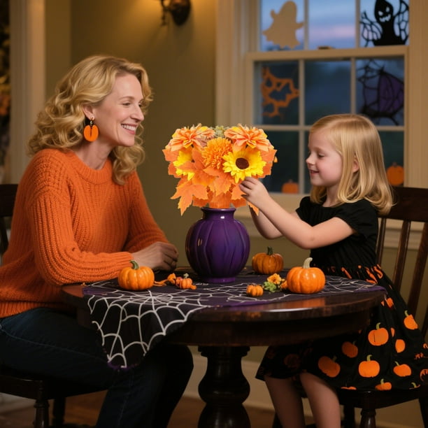 Ramo de Flores Artificiales Otoñales con Hojas de Arce y Calabazas | Decoración para El Hogar para Acción de Gracias y Halloween | Girasoles, Rosas y Dalias Artificiales | Centro de Mesa de Temporada