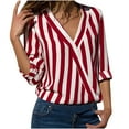 thumbnail image 2 of Jewelreauty Womens Striped Long Sleeve Work Shirts V Neck Curve Hem Loose Shirts Summer Casual Patchwork Tops (S, Red), 2 of 6